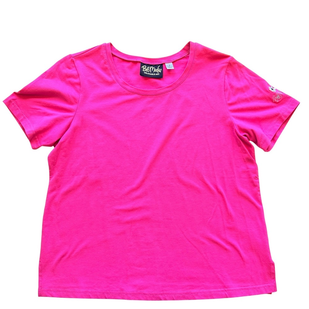 Bob Mackie Women Embroidered Flower Short Sleeve T-Shirt S Hot Pink Wearable Art